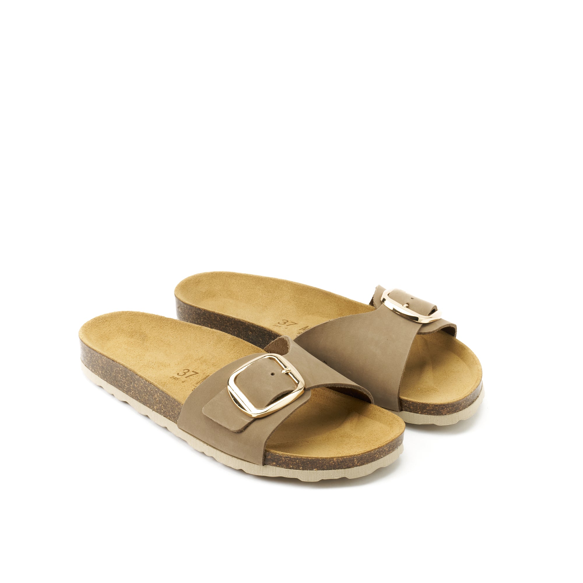 AGATA BIG BUCKLE NUBUCK TAUPE – Mandel Sandals