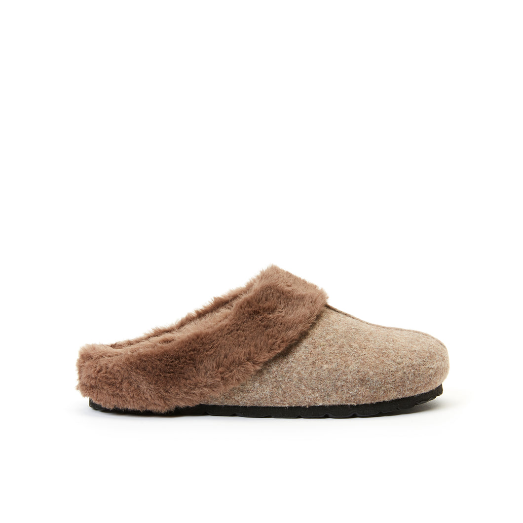 Brown sabot clogs MARTA made with felt and faux fur